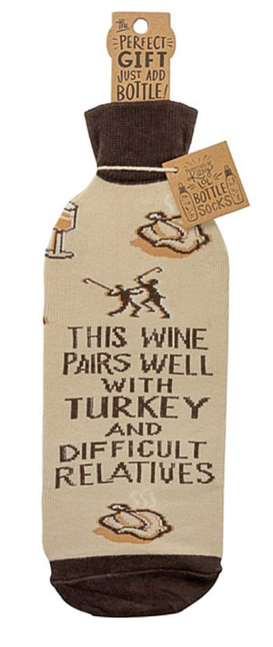 PRIMITIVES BY KATHY THANKSGIVING ALCOHOL WINE BOTTLE SOCK ‘THIS WINE PAIRS WELL WITH TURKEY & DIFFICULT RELATIVES’ - Novelty Socks for Less