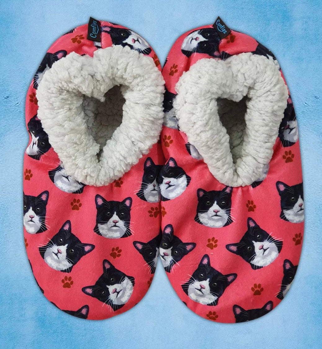 BLACK & WHITE TUXEDO CAT Ladies Non-Slip Slippers COMFIES BRAND By E&S Pets - Novelty Socks And Slippers