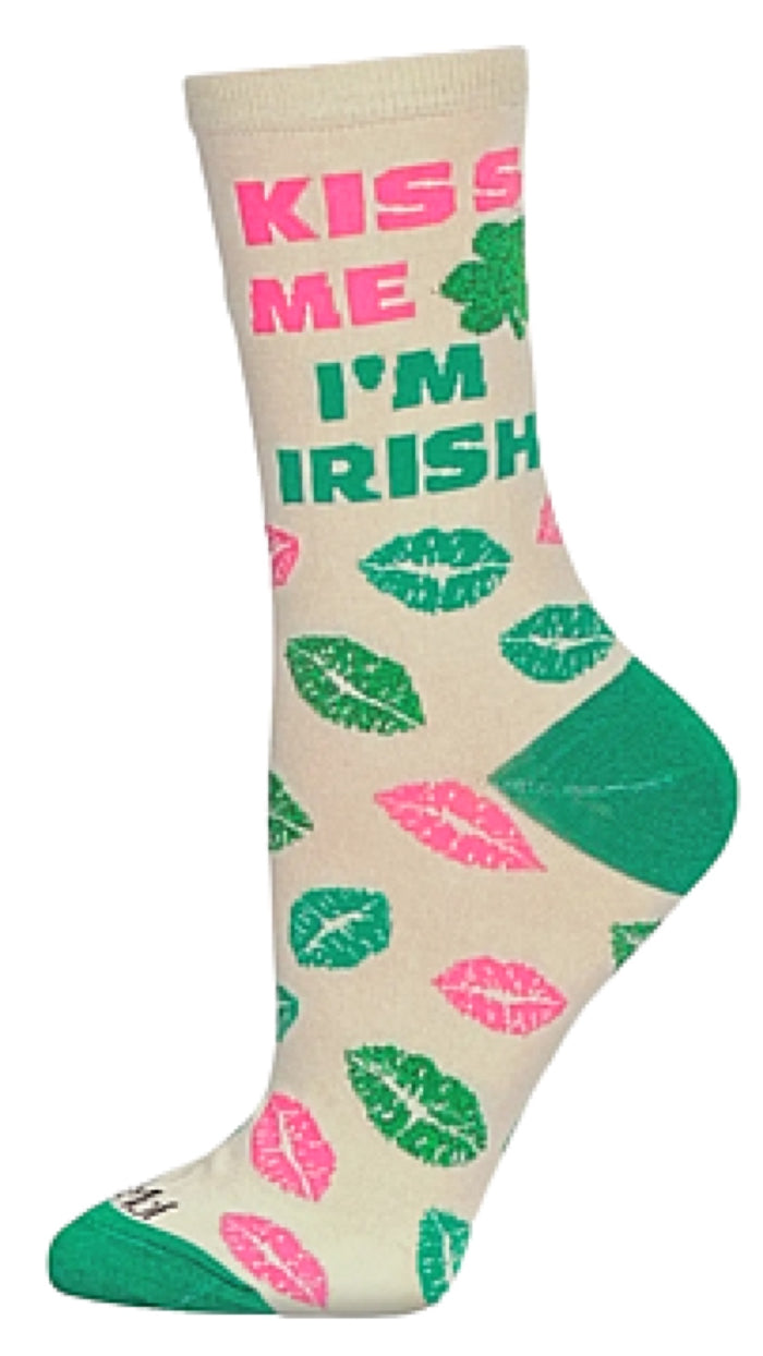 Memoi Brand Ladies ST. PATRICKS DAY Socks ‘KISS ME I’M IRISH’ LIPS & SHAMROCKS