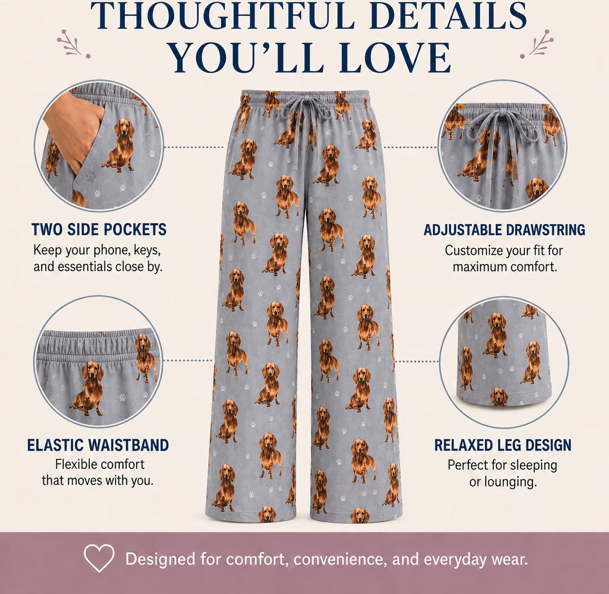 DACHSHUND Dog Adult Unisex PAJAMA BOTTOMS COMFIES Brand By E&S PETS (CHOOSE SIZE)