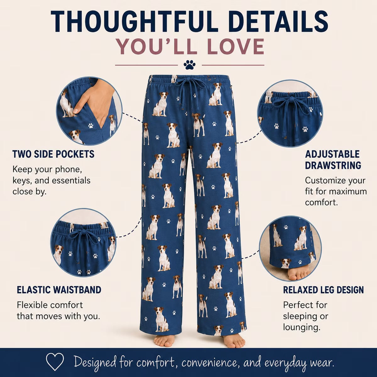 JACK RUSSELL Adult Unisex PAJAMA BOTTOMS COMFIES Brand E&S PETS (CHOOSE SIZE)