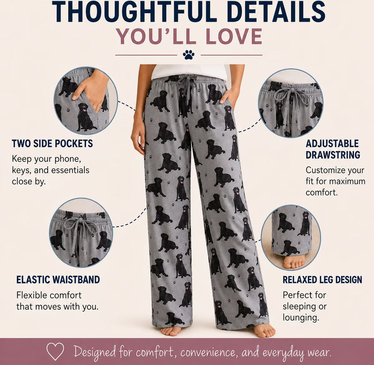 BLACK LABRADOR Dog Adult Unisex PAJAMA BOTTOMS COMFIES Brand By E&S PETS (CHOOSE SIZE)