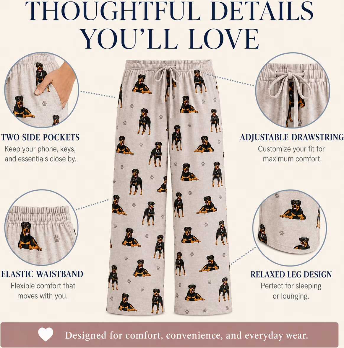 ROTTWEILER Dog Adult Unisex PAJAMA BOTTOMS COMFIES Brand By E&S PETS (CHOOSE SIZE)