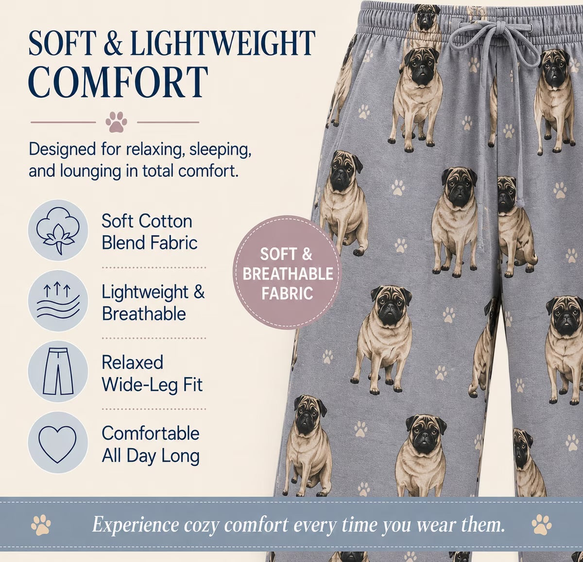 PUG Dog Adult Unisex PAJAMA BOTTOMS COMFIES Brand By E&S PETS (CHOOSE SIZE)