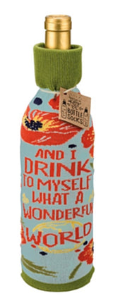 PRIMITIVES BY KATHY ALCOHOL WINE BOTTLE SOCK ‘AND I DRINK TO MYSELF WHAT A WONDERFUL WORLD’ - Novelty Socks for Less
