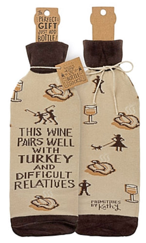 PRIMITIVES BY KATHY THANKSGIVING ALCOHOL WINE BOTTLE SOCK ‘THIS WINE PAIRS WELL WITH TURKEY & DIFFICULT RELATIVES’ - Novelty Socks for Less