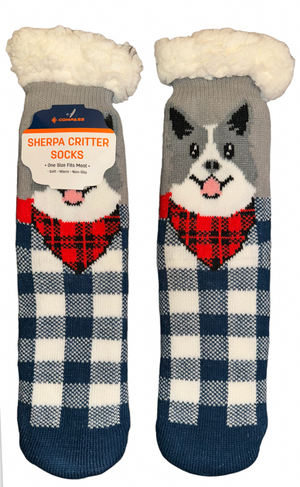 CUTE DOG Ladies Sherpa Lined Gripper Bottom Slipper Socks (CHOOSE PATTERN) - Novelty Socks And Slippers