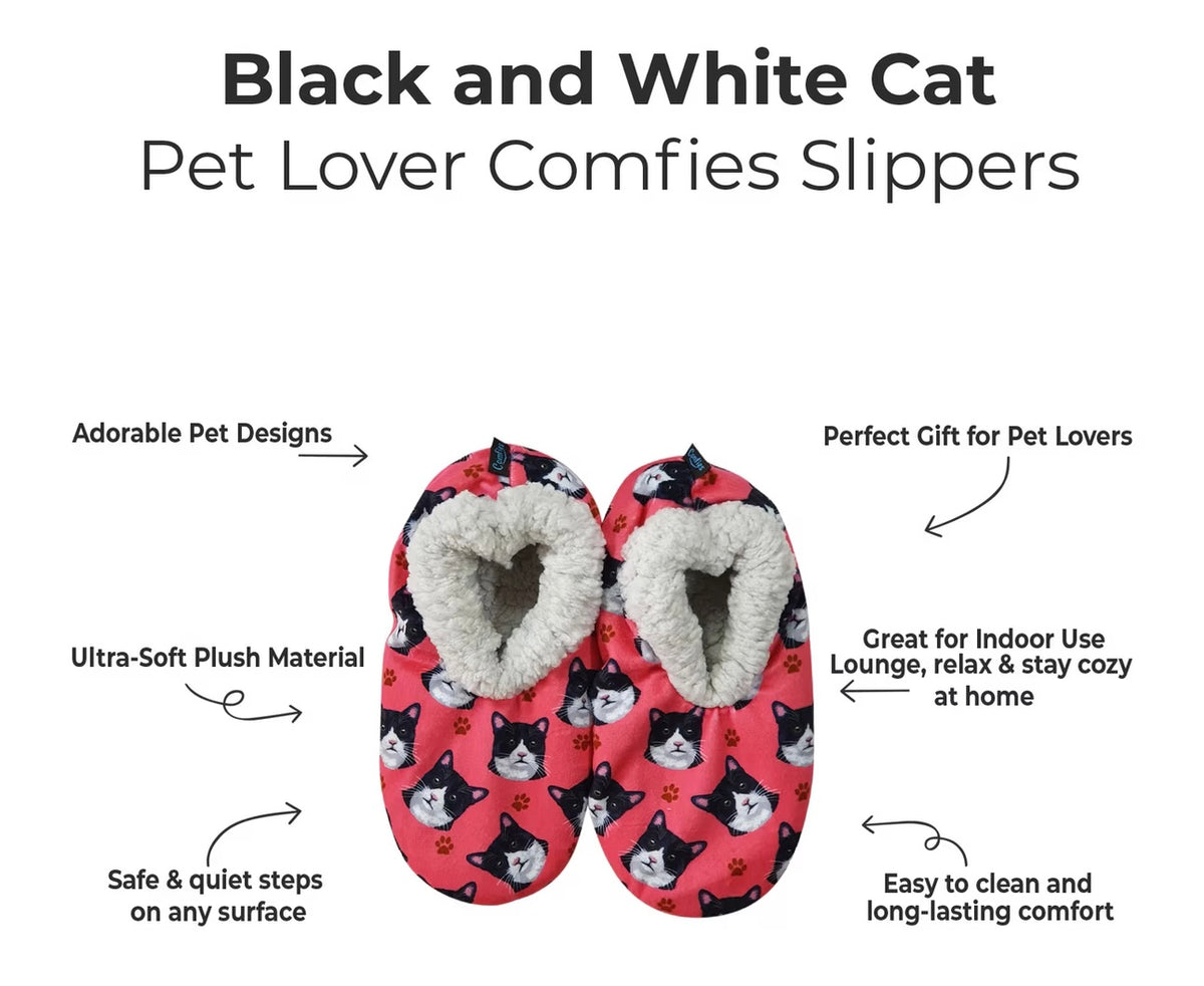 BLACK & WHITE TUXEDO CAT Ladies Non-Slip Slippers COMFIES BRAND By E&S Pets - Novelty Socks And Slippers