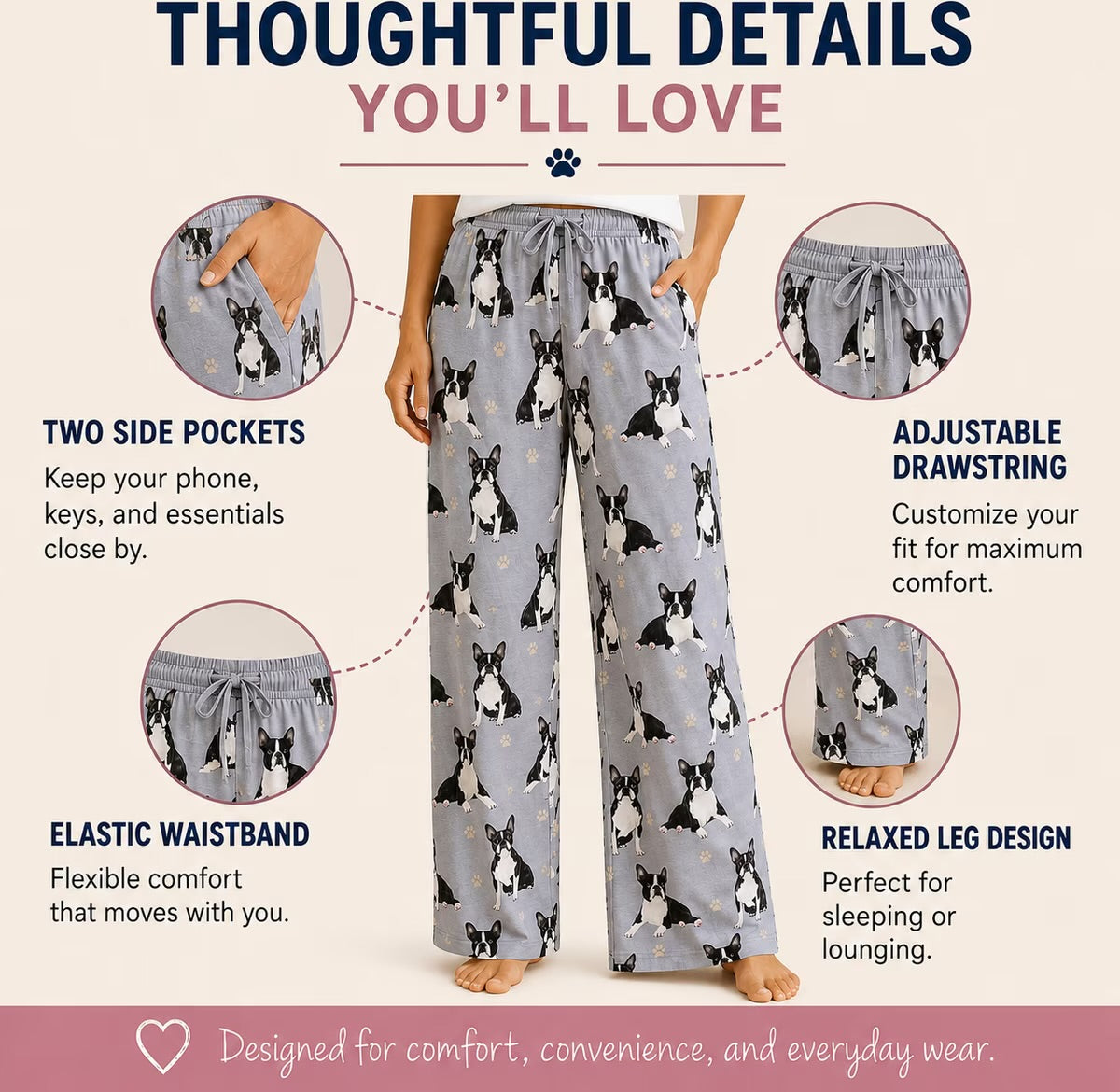 BOSTON TERRIER Dog Adult Unisex PAJAMA BOTTOMS COMFIES Brand By E&S PETS (CHOOSE SIZE)