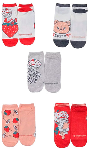 STRAWBERRY SHORTCAKE Ladies 5 Pair of No Show Socks With CUSTARD THE CAT ‘I ADORE U’ - Novelty Socks And Slippers