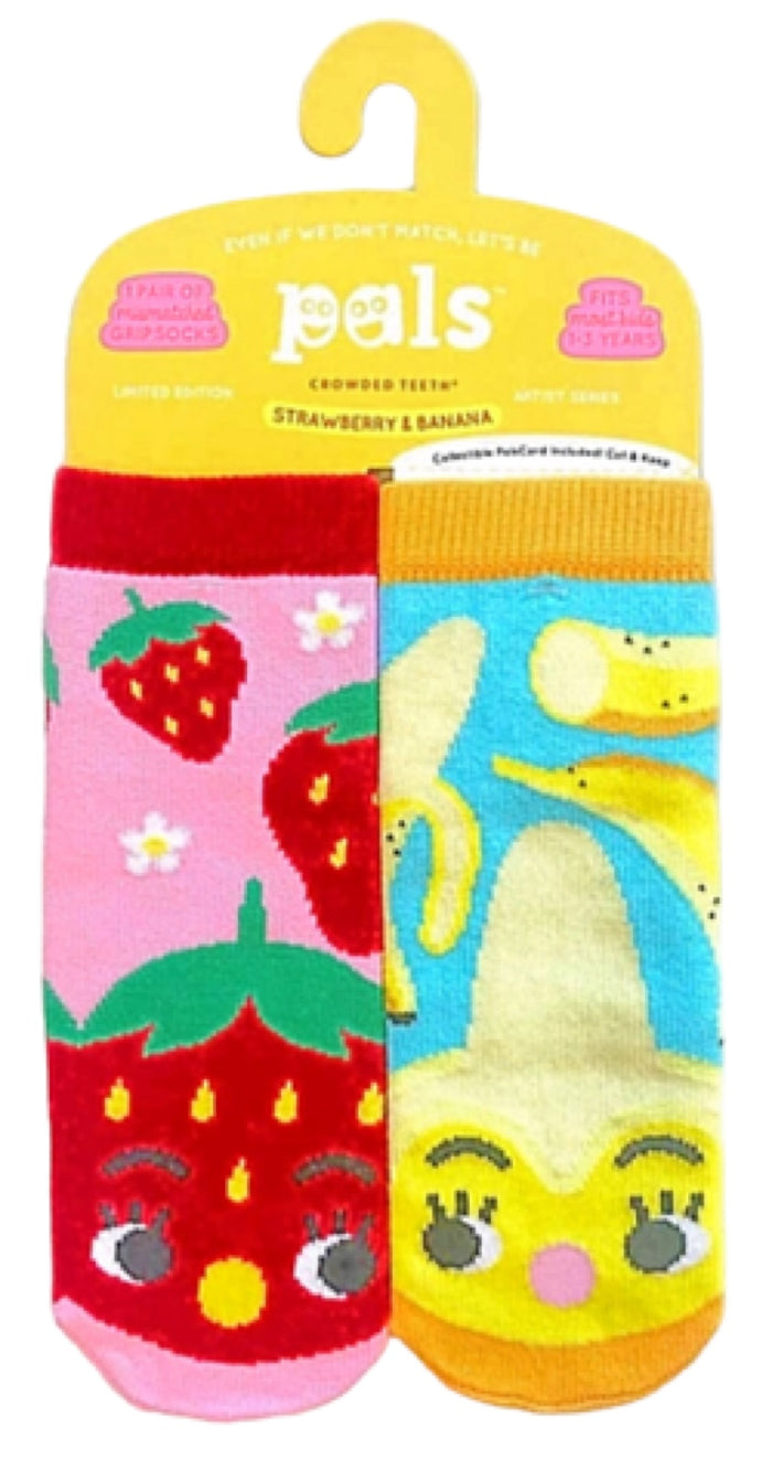 PALS SOCKS Brand Unisex STRAWBERRY & BANANA Mismatched Gripper Bottom Socks (CHOOSE SIZE)