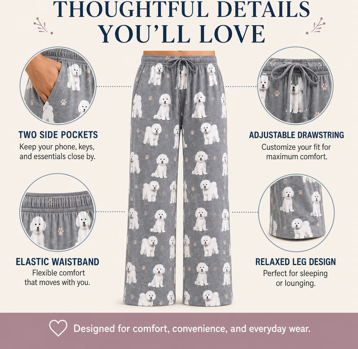 BICHON FRISE Dog Adult Unisex PAJAMA BOTTOMS COMFIES Brand By E&S PETS (CHOOSE SIZE)