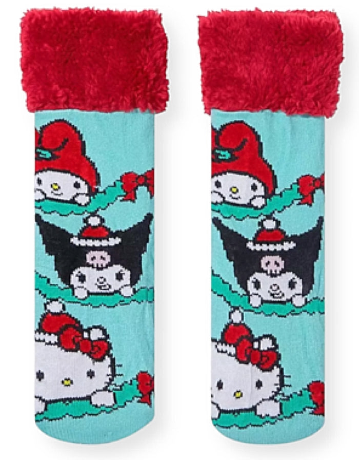SANRIO HELLO KITTY Ladies CHRISTMAS Sherpa Lined Gripper Bottom Slipper Socks MY MELODY, KUROMI