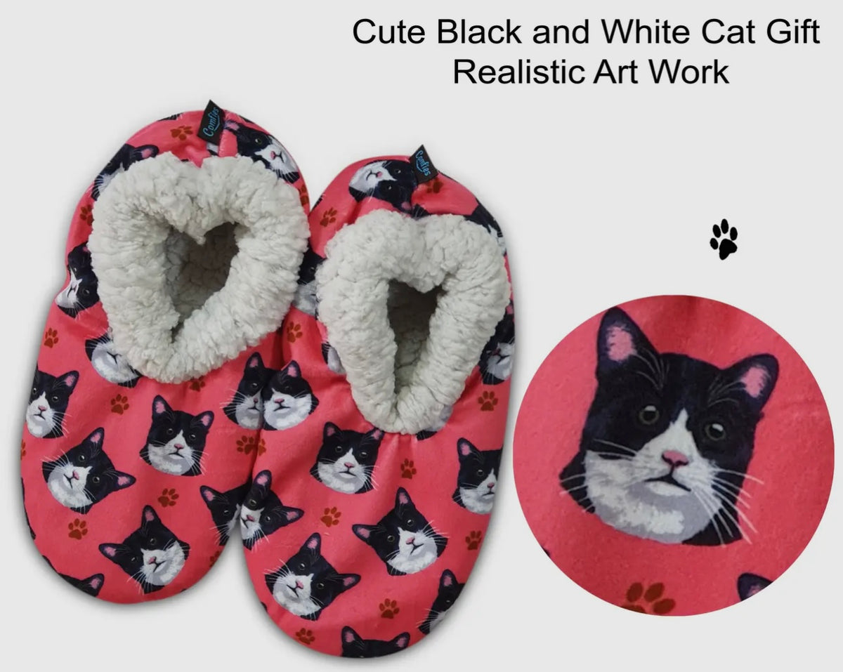BLACK & WHITE TUXEDO CAT Ladies Non-Slip Slippers COMFIES BRAND By E&S Pets - Novelty Socks And Slippers