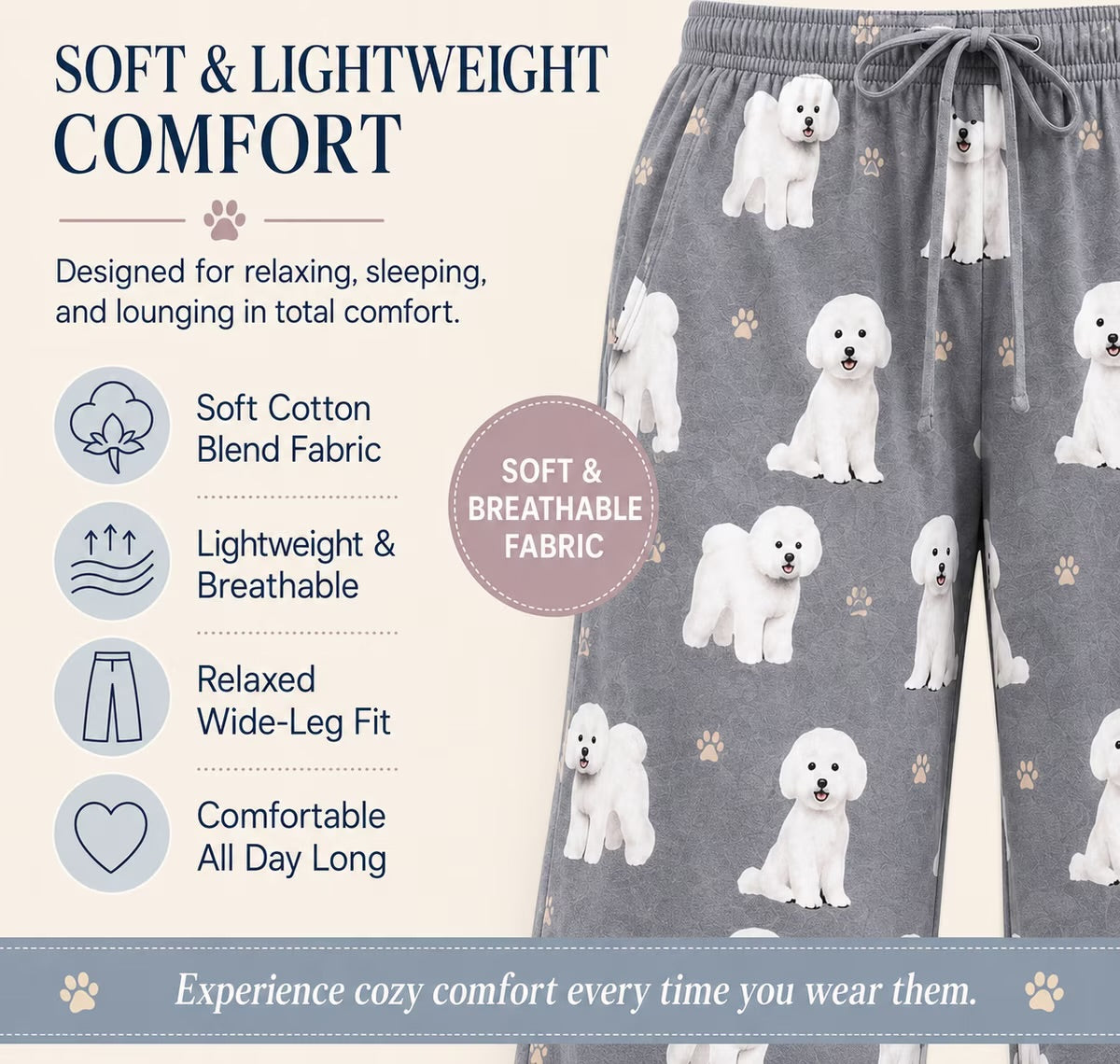 BICHON FRISE Dog Adult Unisex PAJAMA BOTTOMS COMFIES Brand By E&S PETS (CHOOSE SIZE)
