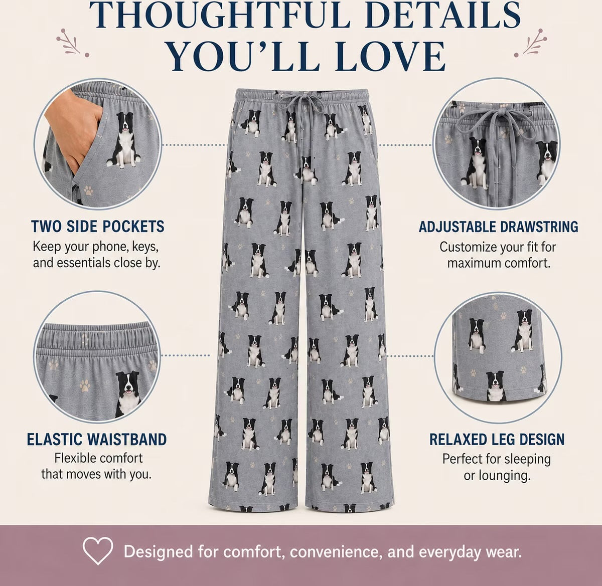 BORDER COLLIE Dog Adult Unisex PAJAMA BOTTOMS COMFIES Brand By E&S PETS (CHOOSE SIZE)