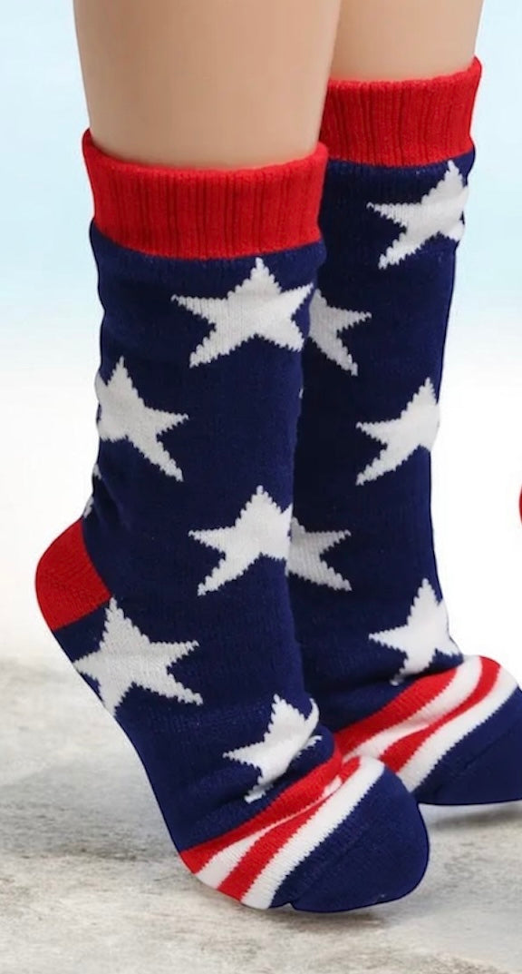 PATRIOTIC AMERICAN FLAG Ladies Fleece Lined Non-Slip Slipper Socks (Choose Style) - Novelty Socks And Slippers
