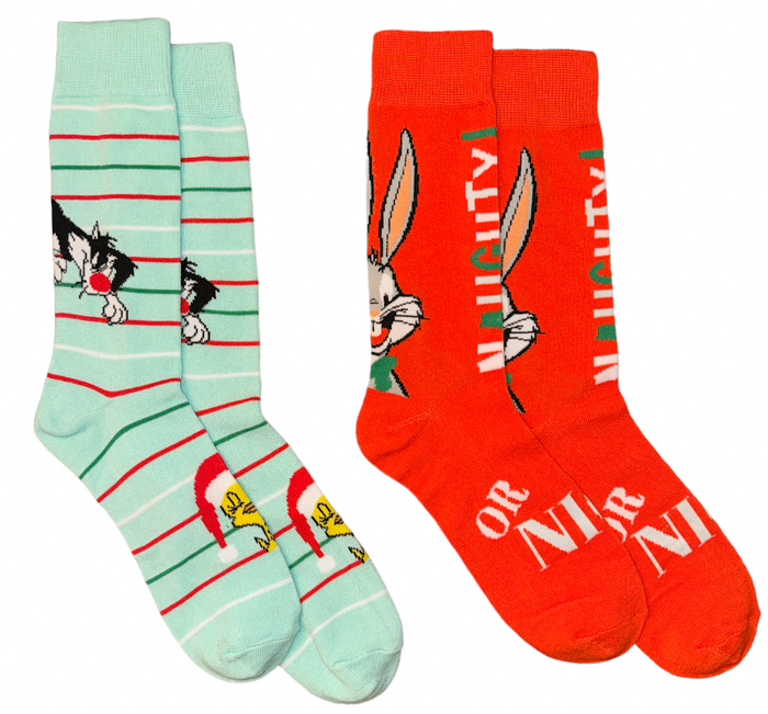 LOONEY TUNES Men’s CHRISTMAS 2 Pair Of Socks BUGS BUNNY, SYLVESTER & TWEETY BIRD