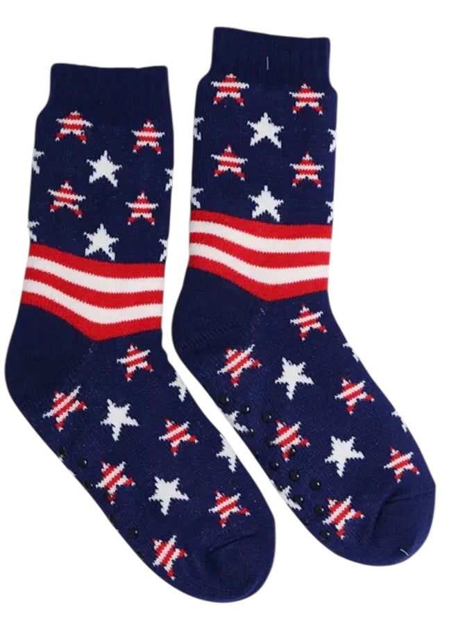 PATRIOTIC AMERICAN FLAG Ladies Fleece Lined Non-Slip Slipper Socks (Choose Style) - Novelty Socks And Slippers