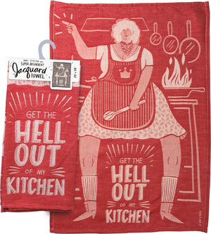PRIMITIVES BY KATHY ‘GET THE HELL OUT OF MY KITCHEN’ Kitchen Tea Towel - Novelty Socks And Slippers