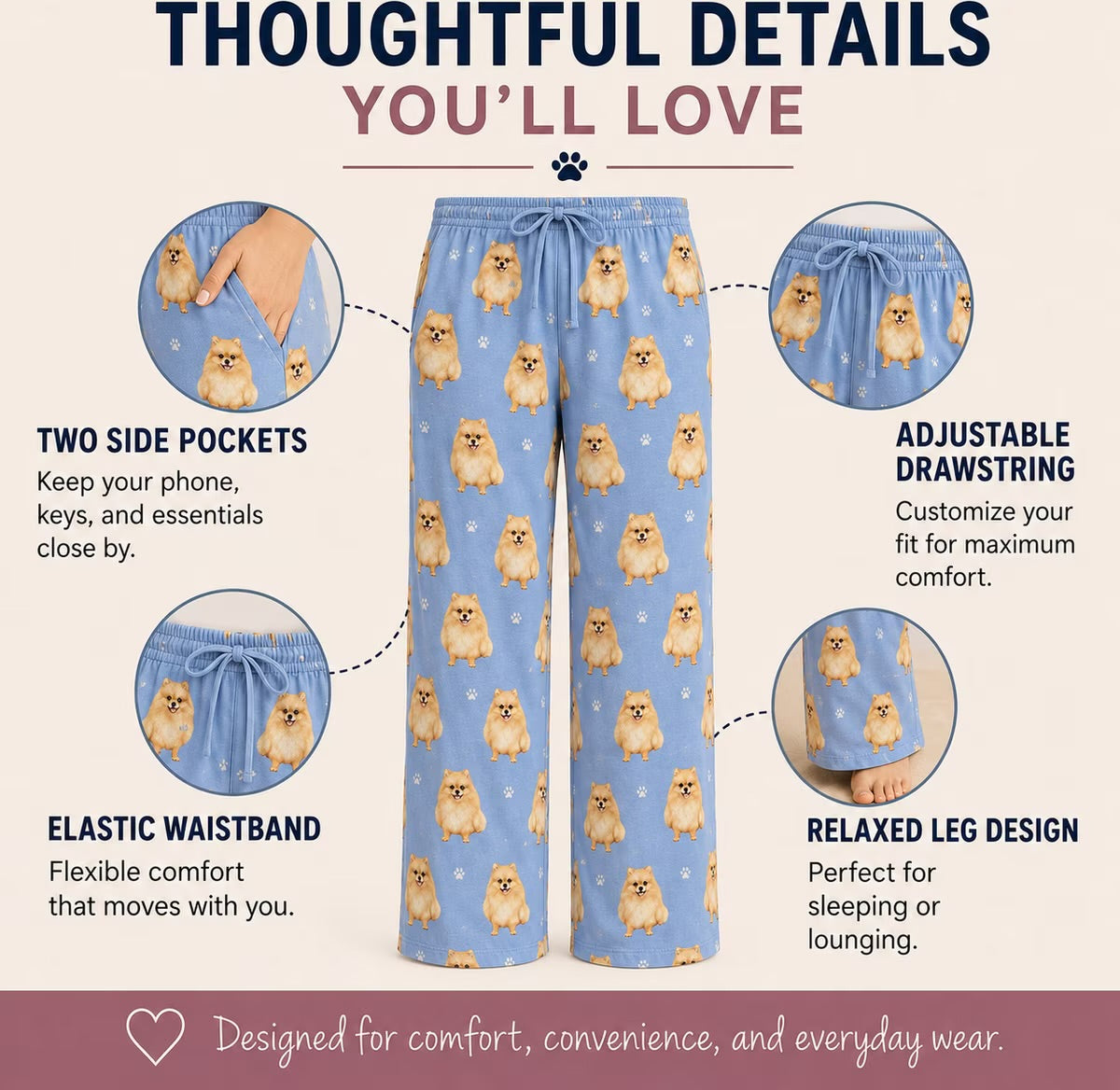POMERANIAN Dog Adult Unisex Pajama Bottoms COMFIES Brand E&S Pets (CHOOSE SIZE)
