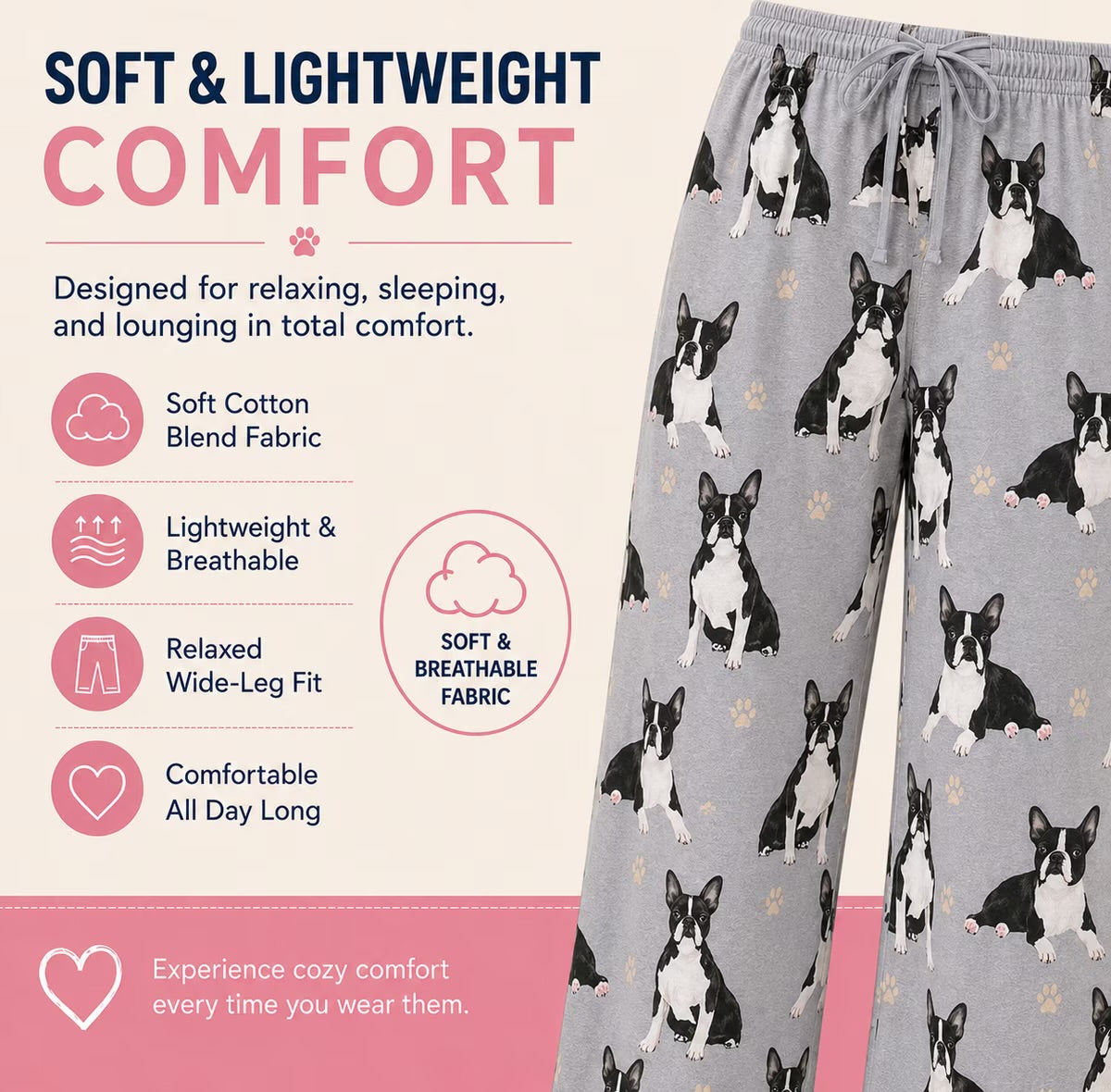BOSTON TERRIER Dog Adult Unisex PAJAMA BOTTOMS COMFIES Brand By E&S PETS (CHOOSE SIZE)