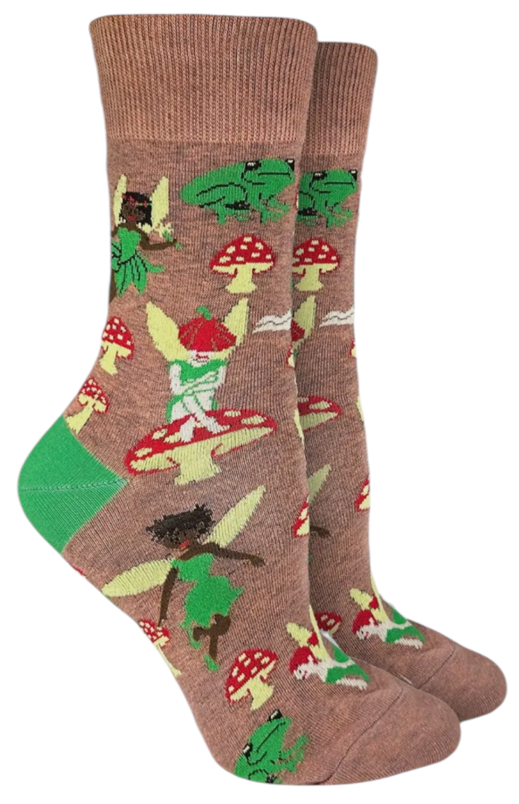 GOOD LUCK SOCK Brand Ladies GARDEN FAIRIES Socks With Mushroom & Frogs - Novelty Socks And Slippers