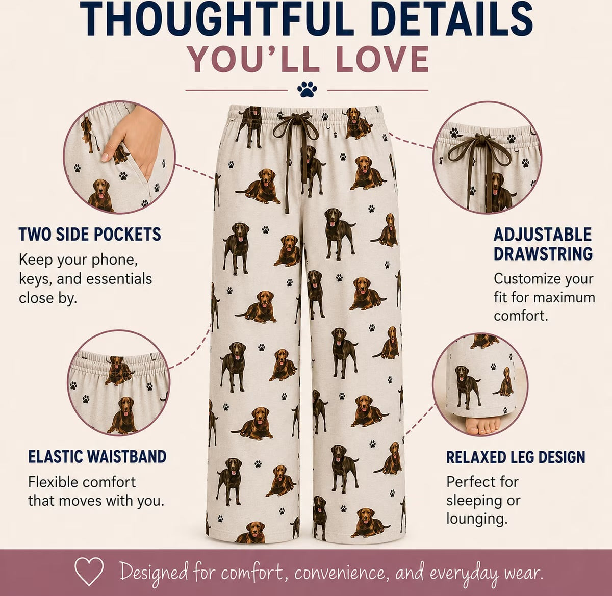 CHOCOLATE LABRADOR Dog Adult Unisex PAJAMA BOTTOMS COMFIES Brand By E&S PETS (CHOOSE SIZE)