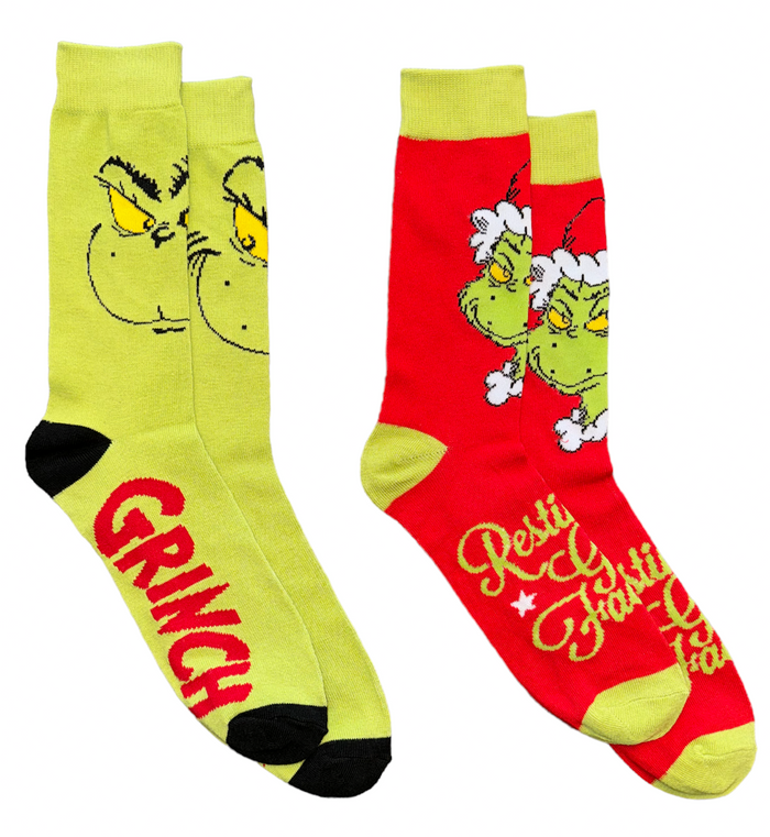 DR. SEUSS HOW THE GRINCH STOLE CHRISTMAS Men’s 2 Pair Of Socks ‘RESTING GRINCH FACE’