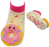 BOOGIE TOES Baby PINK FROSTED DONUT Rattle Gripper Bottom Socks By PIERO LIVENTI - Novelty Socks And Slippers