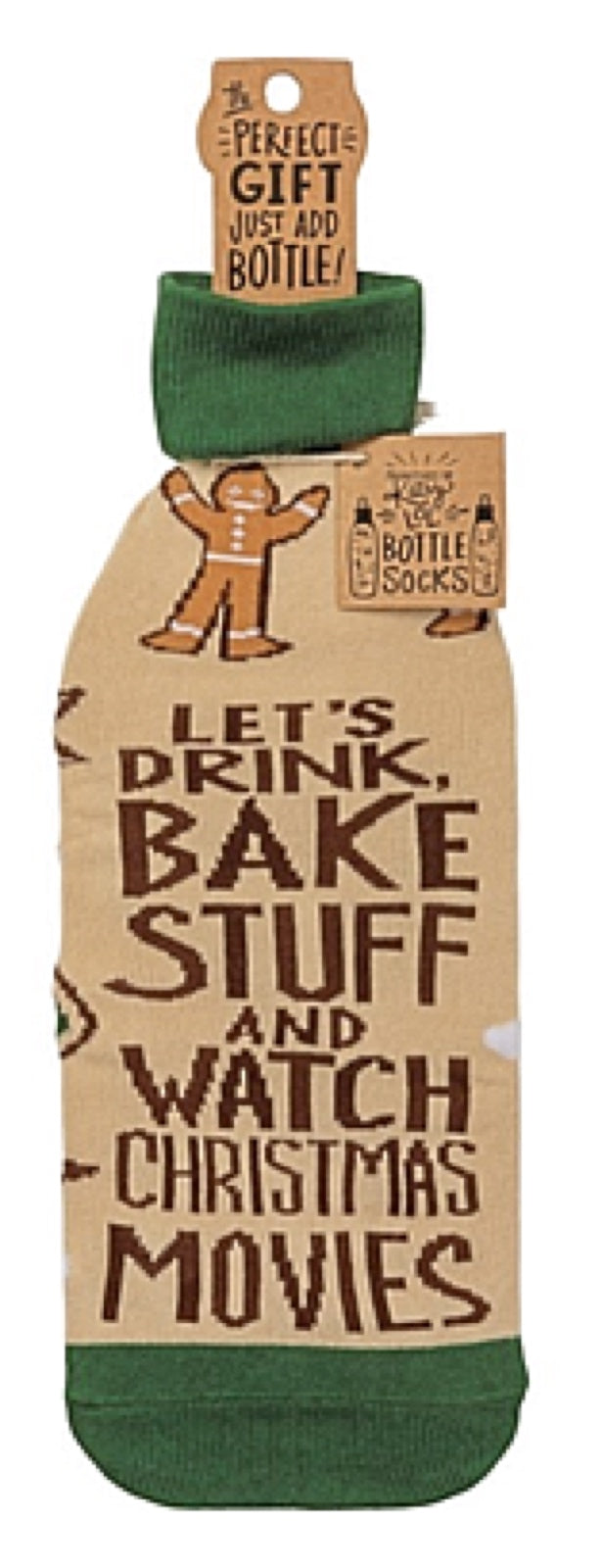 PRIMITIVES BY KATHY CHRISTMAS ALCOHOL WINE BOTTLE SOCK ‘LET’S DRINK, BAKE STUFF & WATCH CHRISTMAS MOVIES - Novelty Socks for Less