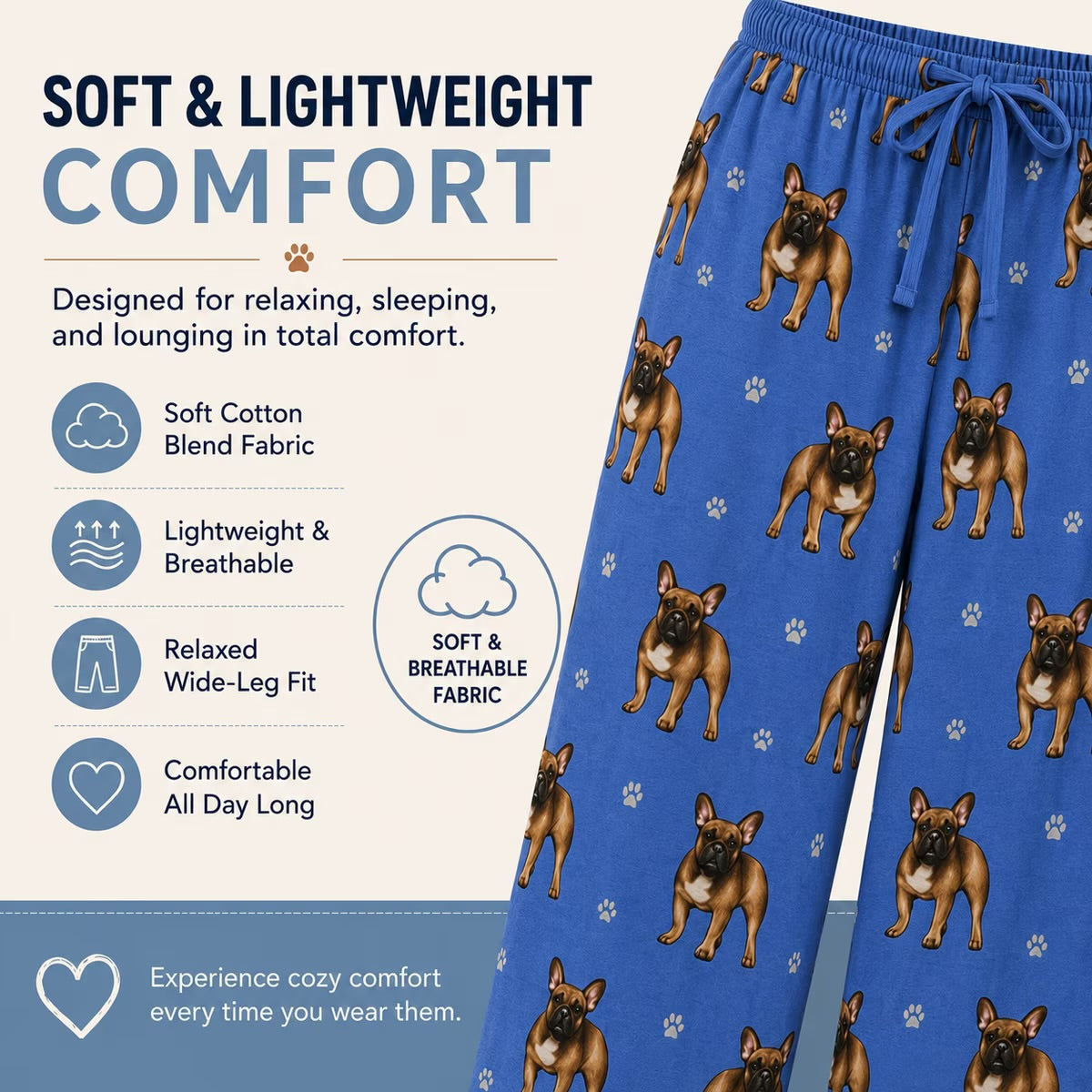 FRENCH BULLDOG Adult Unisex PAJAMA BOTTOMS COMFIES Brand By E&S PETS (CHOOSE SIZE)