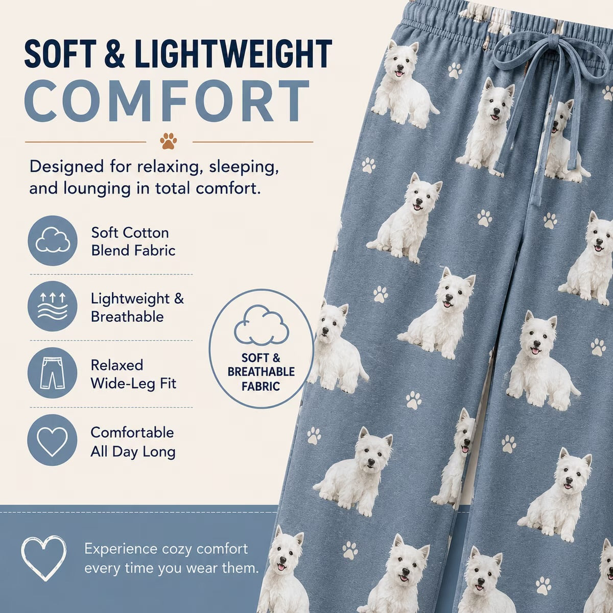 WESTIE DOG Adult Unisex PAJAMA BOTTOMS COMFIES BRAND E&S PETS (CHOOSE SIZE)