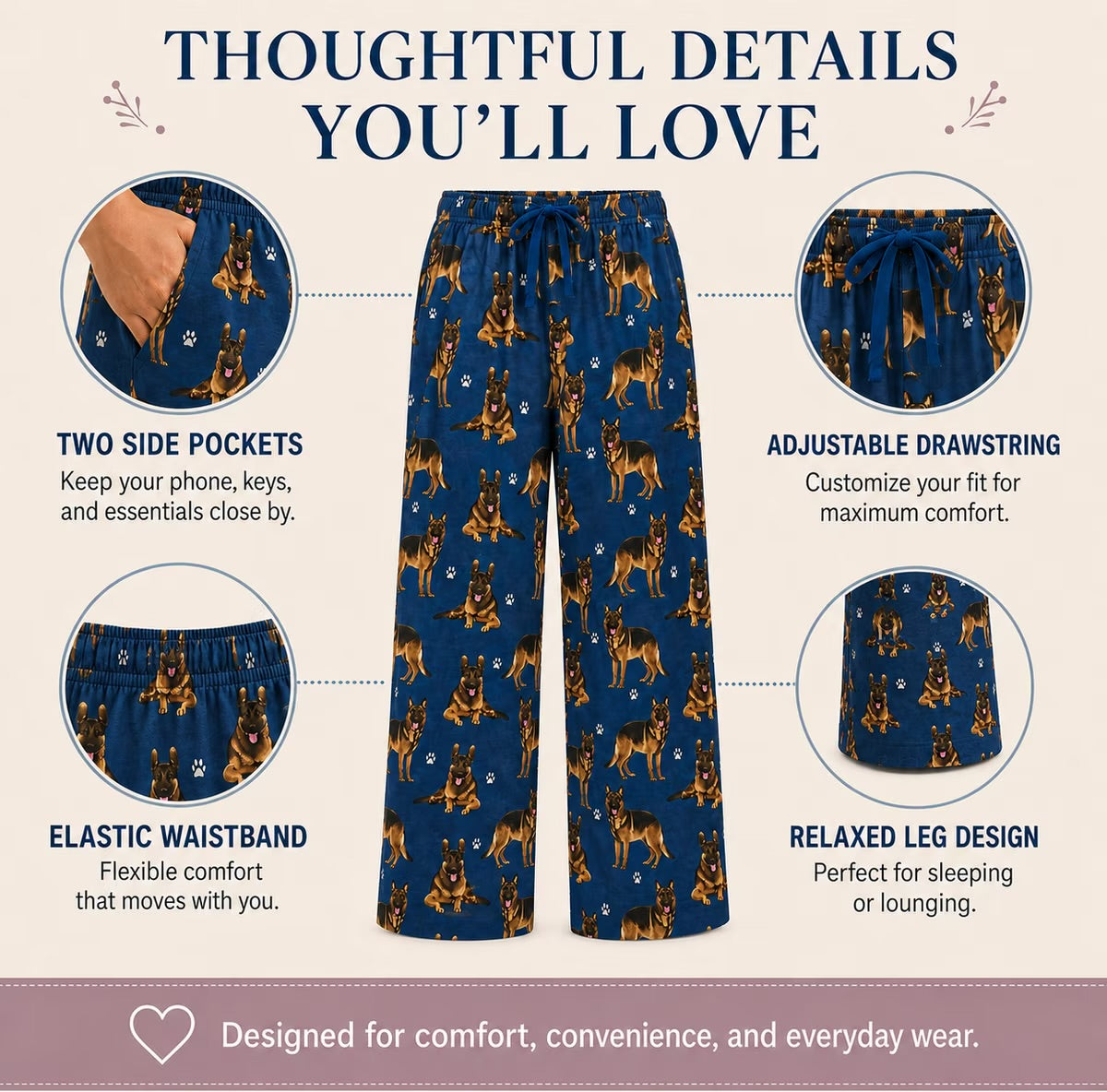 GERMAN SHEPHERD Dog Adult Unisex PAJAMA BOTTOMS COMFIES Brand By E&S PETS (CHOOSE SIZE)