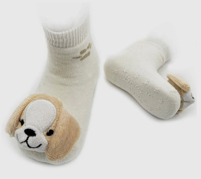 BOOGIE TOES Unisex Baby PUPPY DOG Rattle Gripper Bottom Socks By Piero Liventi