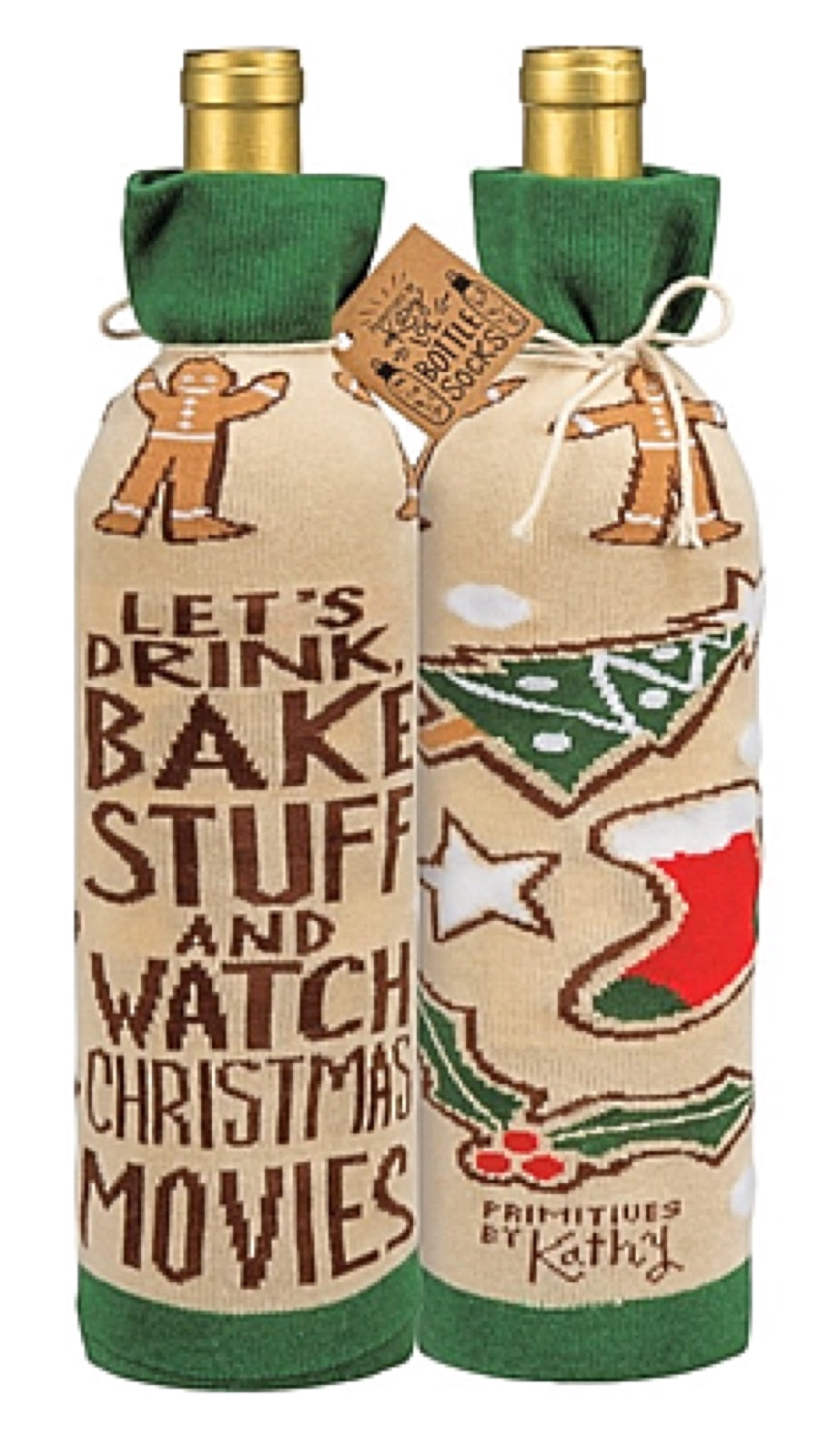PRIMITIVES BY KATHY CHRISTMAS ALCOHOL WINE BOTTLE SOCK ‘LET’S DRINK, BAKE STUFF & WATCH CHRISTMAS MOVIES - Novelty Socks for Less
