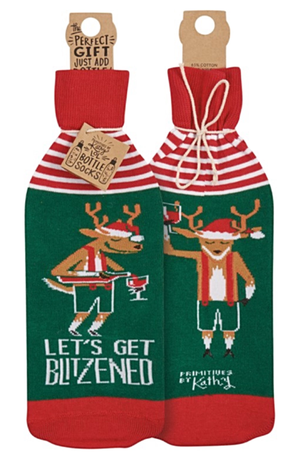 PRIMITIVES BY KATHY ALCOHOL WINE CHRISTMAS BOTTLE SOCK ‘LET’S GET BLITZENED’ - Novelty Socks for Less