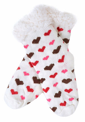 NOLLIA Brand ladies HEARTS Sherpa Lined Gripper Bottom Slipper Socks - Novelty Socks And Slippers