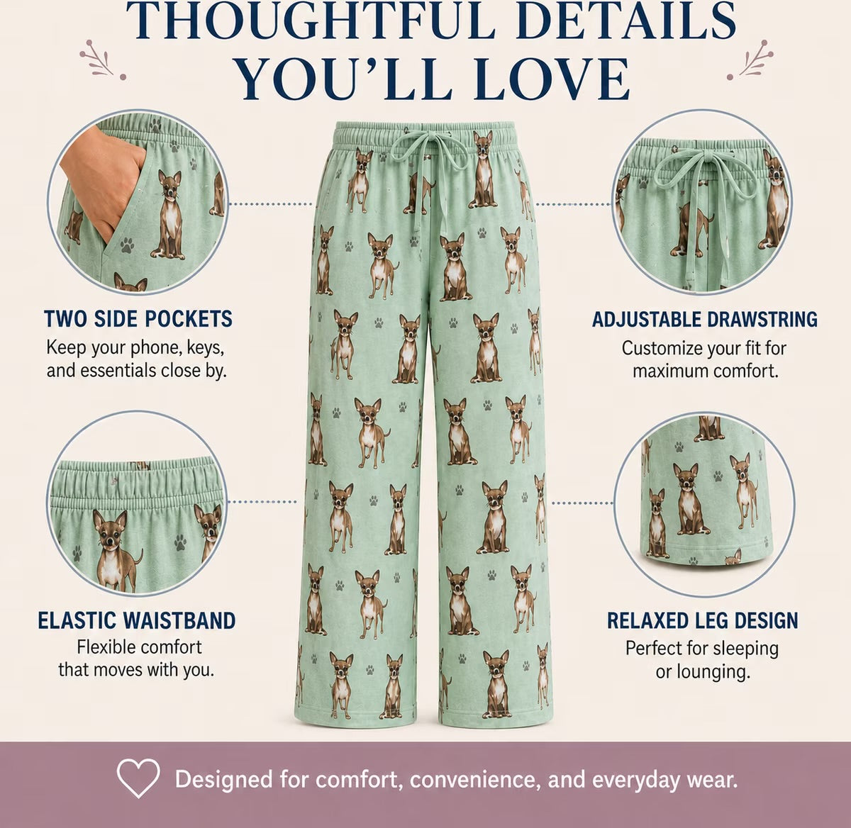 CHIHUAHUA Dog Adult Unisex PAJAMA BOTTOMS COMFIES Brand By E&S PETS (CHOOSE SIZE)