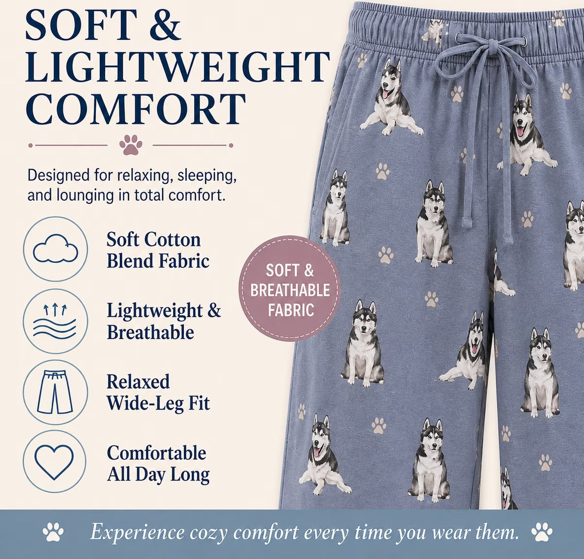 SIBERIAN HUSKY Dog Adult Unisex PAJAMA BOTTOMS COMFIES Brand By E&S PETS (CHOOSE SIZE)