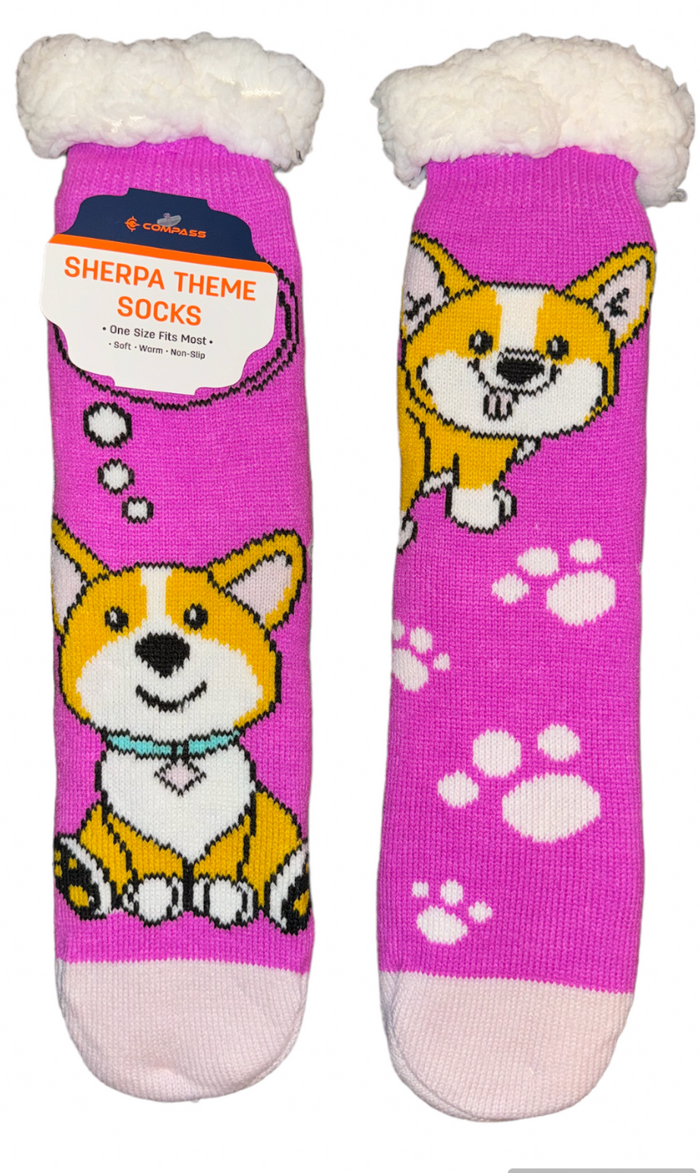 CUTE DOG Ladies Sherpa Lined Gripper Bottom Slipper Socks (CHOOSE PATTERN)