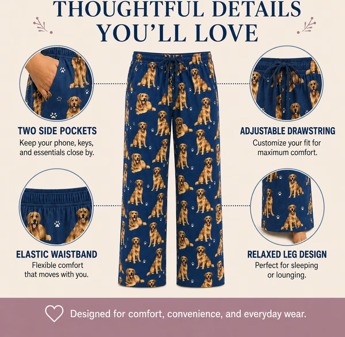 GOLDEN RETRIEVER Dog Adult Unisex PAJAMA BOTTOMS COMFIES Brand By E&S PETS (CHOOSE SIZE)