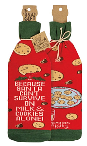 PRIMITIVES BY KATHY ALCOHOL WINE CHRISTMAS BOTTLE SOCK ‘BECAUSE SANTA CAN’T SURVIVE ON COOKIES ALONE!’ - Novelty Socks for Less