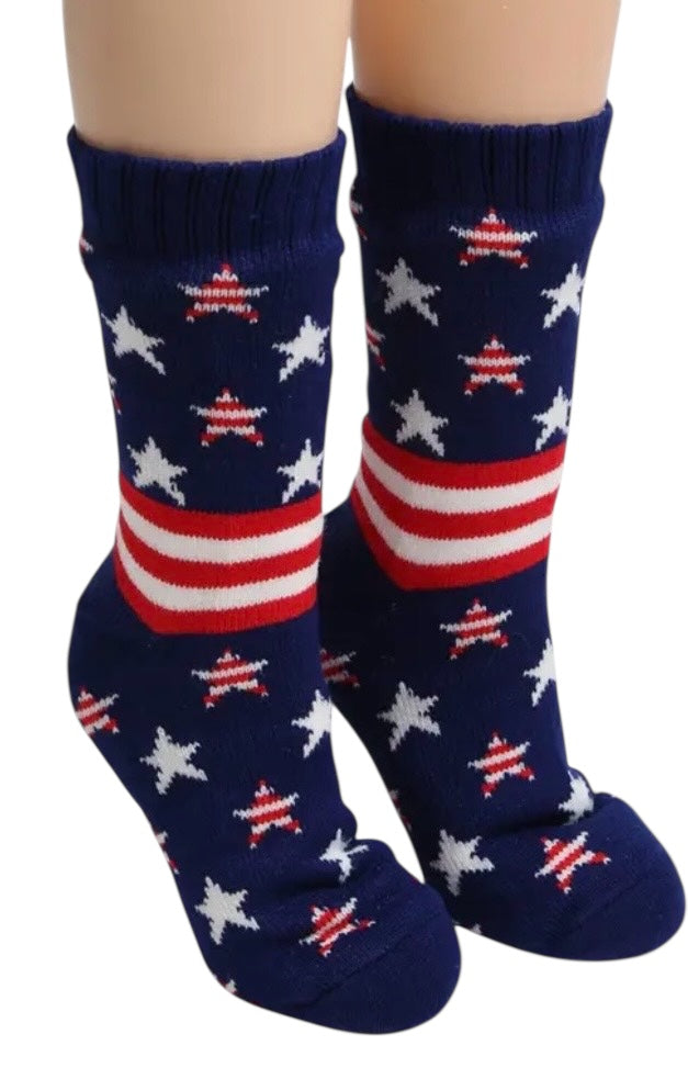 PATRIOTIC AMERICAN FLAG Ladies Fleece Lined Non-Slip Slipper Socks (Choose Style) - Novelty Socks And Slippers
