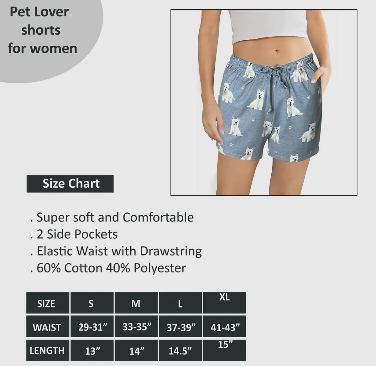 COMFIES Brand LOUNGE PJ SHORTS Ladies WESTIE DOG By E&S PETS - Novelty Socks And Slippers