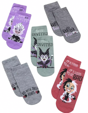 DISNEY VILLAINS Ladies 5 Pair No Show Socks WITH POISON APPLE, EVIL QUEEN & URSULA - Novelty Socks And Slippers