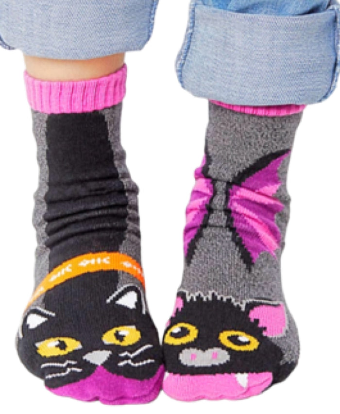 PALS Socks Brand Unisex HALLOWEEN BAT & BLACK CAT Mismatched Gripper Bottom Socks (CHOOSE SIZE)