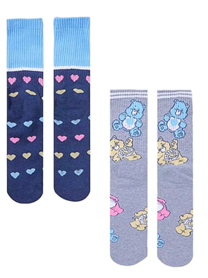 CARE BEARS Ladies 2 Pair Of Socks GRUMPY BEAR HEARTS ALL OVER With POMS - Novelty Socks And Slippers