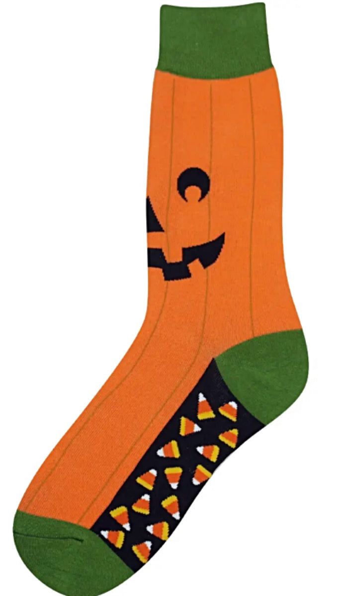 FOOT TRAFFIC Brand Men’s HALLOWEEN Socks JACK O’ LANTERN PUMPKIN & CANDY CORN