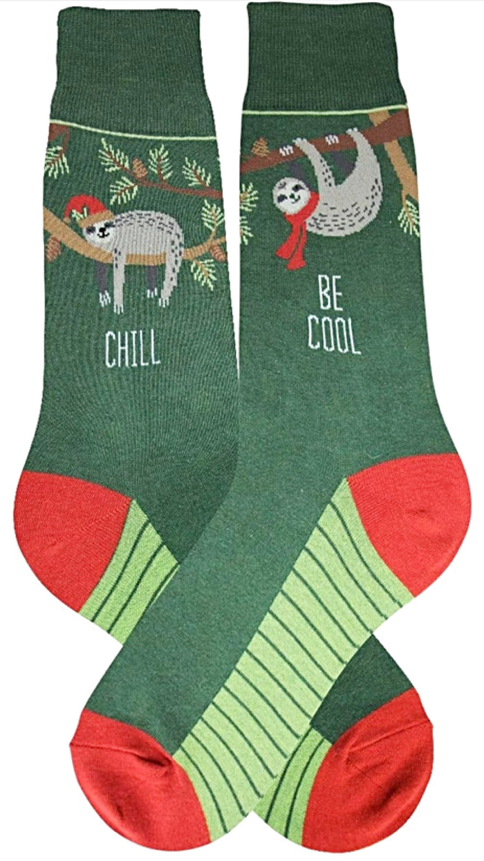 FOOT TRAFFIC Brand Men’s CHRISTMAS SLOTH Socks ‘CHILL’ ‘BE COOL’